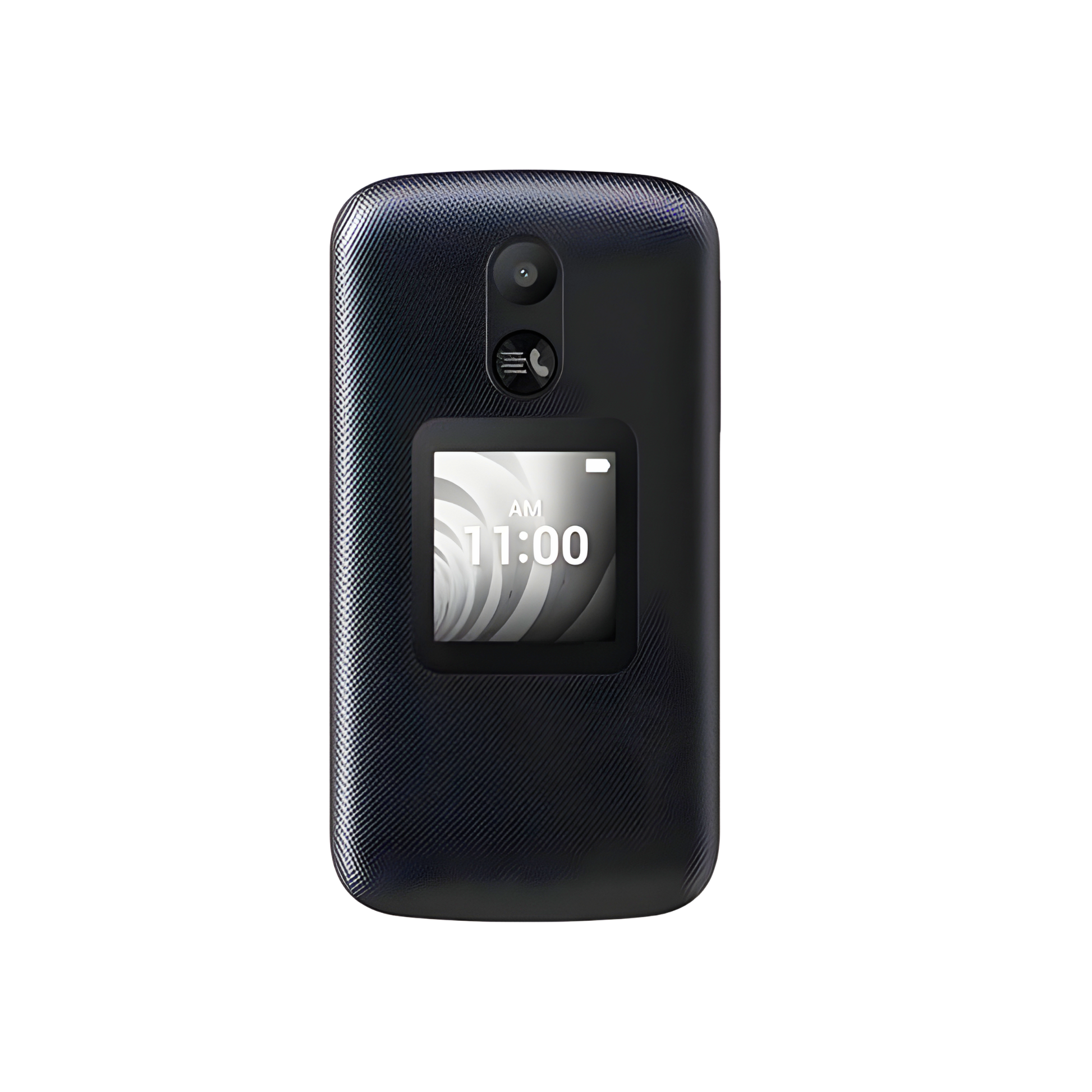 TCL Flip Pro back view with external clock display camera and textured slate gray finish
